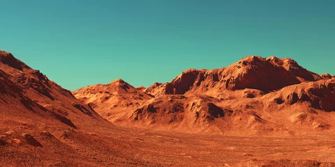 Foto auf Acrylglas Backstein Marslandschaft, 3D-Darstellung des imaginären Marsplanetengeländes, Science-Fiction-Illustration.