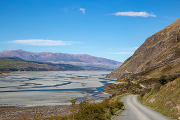 The Rakaia River is a braided river that flows from the high country of Canterbury down the valley to the sea
