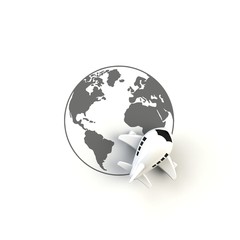 Fototapeta premium Close up of airplane on globe concept illustration on white background, Top view with copy space, 3d rendering