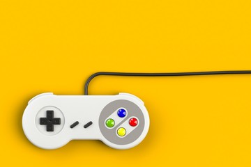 Video game console GamePad. Gaming concept. Top view retro joystick isolated on yellow background, 3D rendering