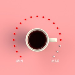Top view of a cup of coffee in the form of volume control from minimum to maximum level isolated on pink background, Coffee concept illustration, 3d rendering