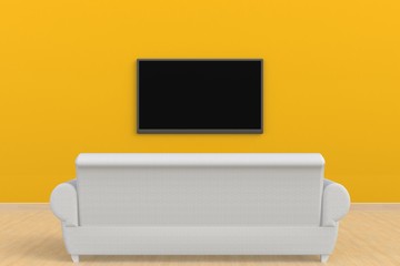 Interior of empty room with TV and sofa, Living room led tv on yellow wall modern style, 3d rendering
