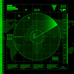 Green radar screen on black background, HUD interface