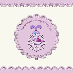 Lovely bunny on lace napkin. Celebratory background. Baby shower card. Postcard, congratulations for the girl. Design for printing on fabrics, paper, gift wraps. 