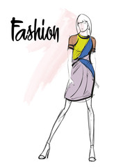 Fashion girl Sketch. Stylish fashion model. Pretty young girl.