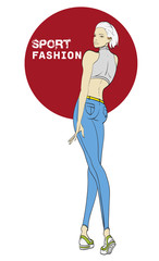 Fashion girl Sketch. Sport fashion model. Pretty young girl.