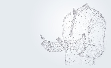 Abstract technology line triangle and points businessman low poly hold the phone in hand polygonal future modern wireframe on hi tech future gray background. for template, web design or presentation.
