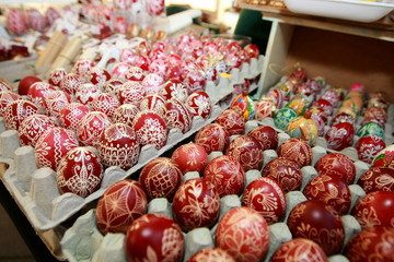 The Easter eggs painted in traditional Bulgarian style on the handmade felt mat. Easter eggs painted with Bulgarian traditional symbols