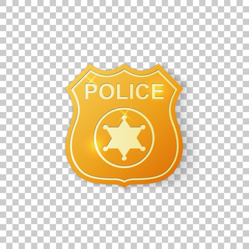 Realistic Golden police badge isolated object on transparent background. Sheriff badge symbol. Vector Illustration