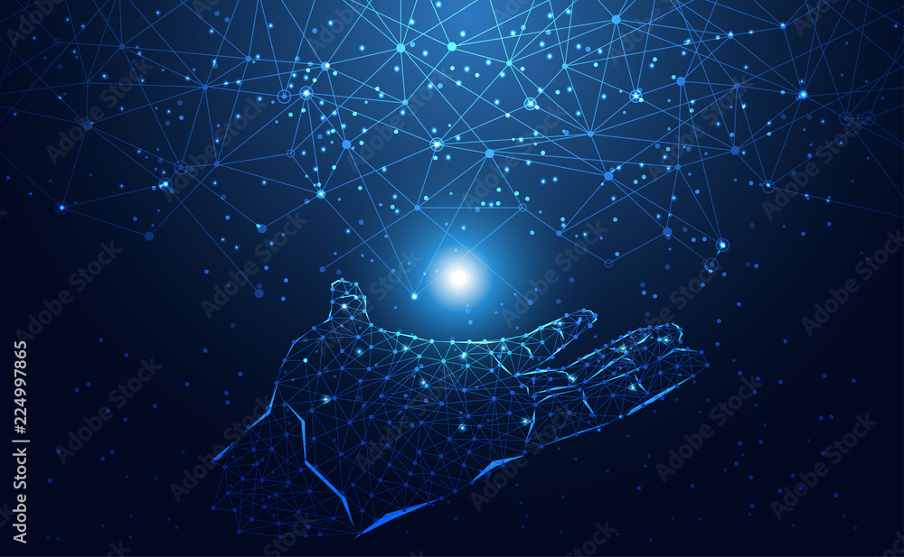 Poster modern abstract network science connection technology hands graphic design. on hi tech future blue b
