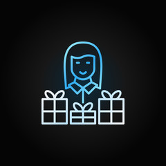 Woman with gift colored line vector icon on dark background