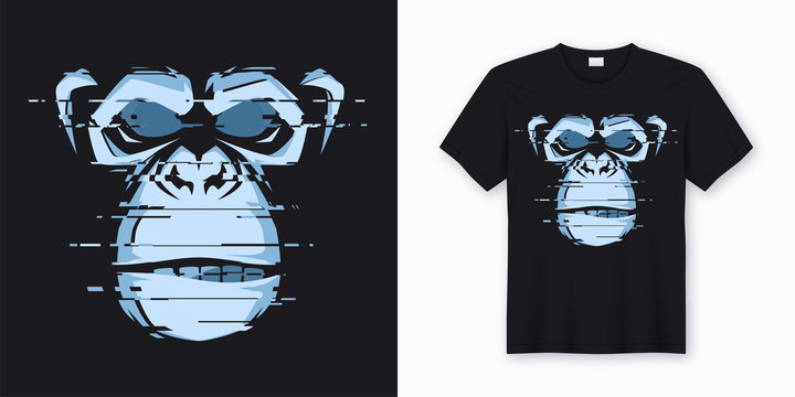 Vector t-shirt and apparel design with glitchy head of a chimp