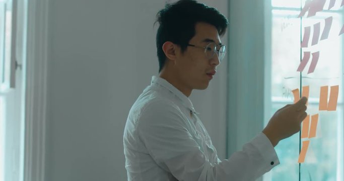 Asian Chinese employee looking onto a glass wall with sticky notes, framework for managing work, scrum methodology. 4K UHD 60 FPS SLOW MOTION