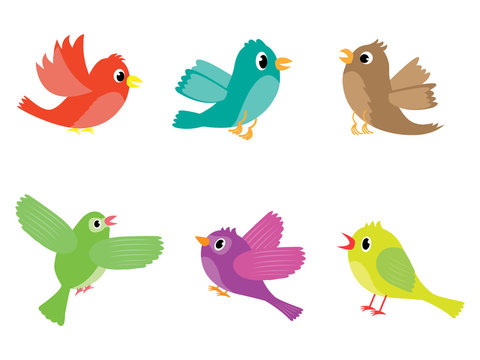 Vector set of various colored cartoon birds