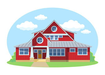 Red cartoon house exterior with blue clouded sky Front Home Architecture Concept Flat Design Style. Vector illustration of Facade Building.