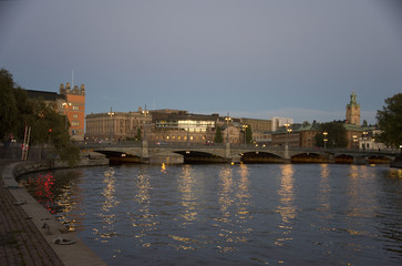 The Swedish Prime Minister office Rosenbad and the Parliment House in Stockholm at sunset, Sweden