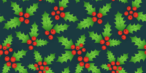 Endless Christmas Pattern. Holly Berries Background. Vector.