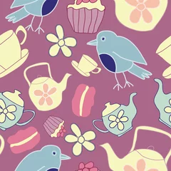 Poster Vector Dark Pink Garden Tea Party Seamless Pattern Background. Perfect for wallpaper, fabric and scrapbooking projects. © Vicki