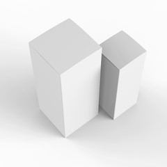 Two white glossy paper product boxes isolated on white background mockup.