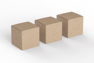 3 cardboard product boxes isolated on white background mockup.
