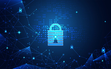 Abstract technology cyber security privacy information network concept padlock protection digital network internet link on hi tech blue future background