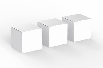 3 glossy paper product boxes isolated on white background mockup.