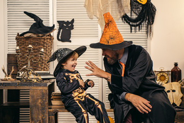 Scary stories. Horror. Father tells his son a terrible fairy tale for the night of Halloween....
