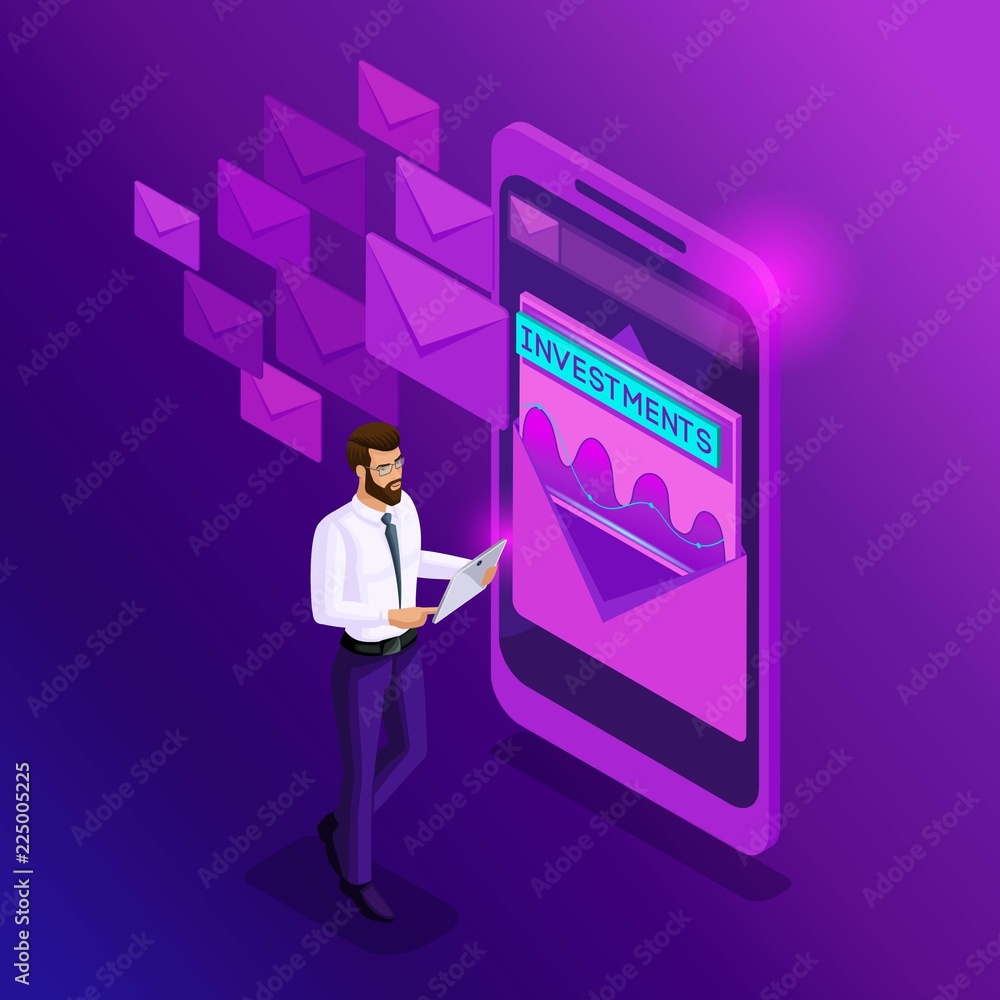 Poster isometrics businessman checks the mail. analytics report data on the investment sent by mail to the 