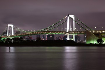 Fototapeta na wymiar Landscape of Rainbow bridge in Tokyo at night with moving clouds