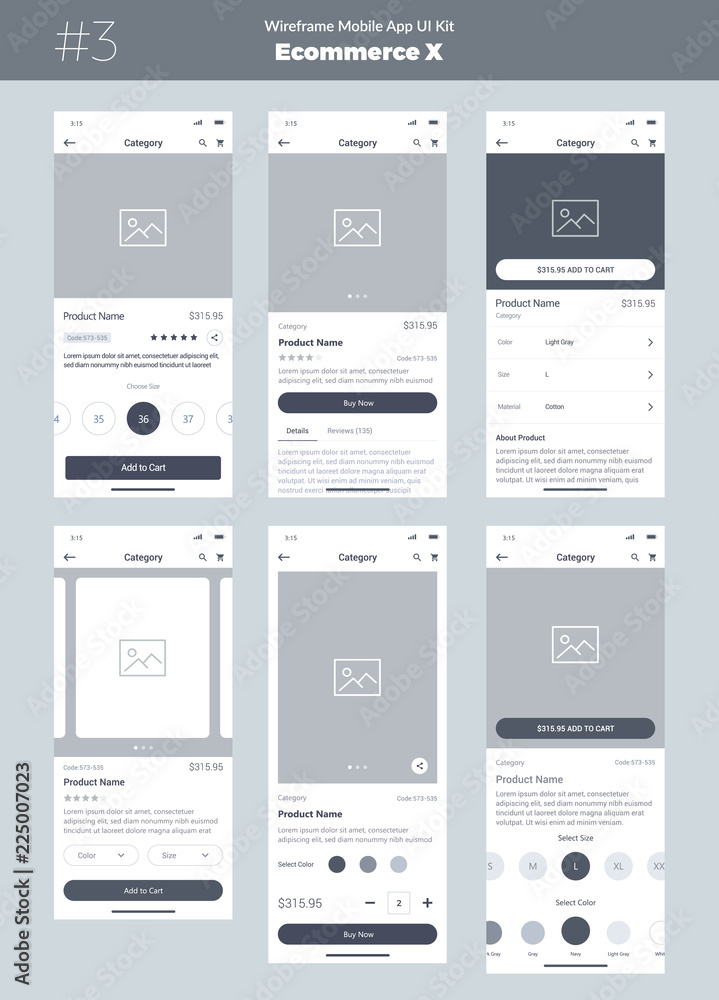 Poster wireframe kit for mobile phone. mobile app ui, ux design. new os ecommerce product. category, name o