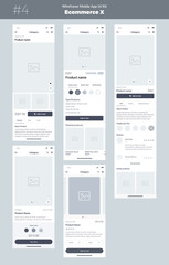 Wireframe kit for mobile phone. Mobile App UI, UX design. New OS Ecommerce Product. Category, Name of product, size, color, prices, details and comments screens. Choose and buy a product.