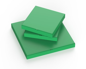 Green cardboard pizza boxes isolated on white background.