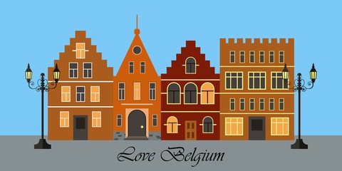 Belgium city landscape with houses, street lamps on blue background.