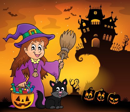 Cute witch and cat Halloween image 1