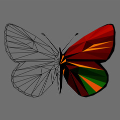 Butterfly polygonal low poly wireframe isolated on grey background,vector illustration. Insect with geometry triangle.Suitable for printing on a t-shirt.Abstract butterfly of red and green colors.