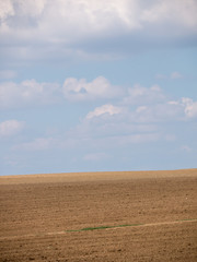 Fototapeta na wymiar Blue sky over the plowed field. Field after plowing.
