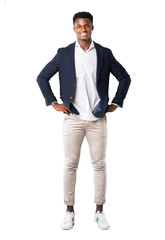 Full body of Handsome african american man wearing a jacket posing with arms at hip on white background