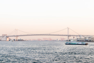 Single big boat at sumida river viewpoint and rainbow bridge in tokyo