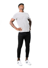 Full body of Dark skinned man with striped shirt with back pain on white background