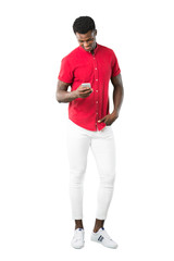 Full body of Young african american man sending a message or email with the mobile on white background