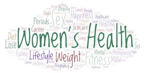Word cloud with text Women's Health on a white background.