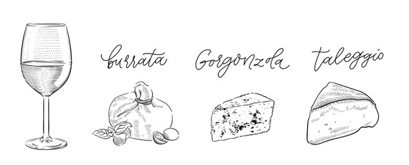 traditional Italian cheese burrata, gorgonzola, taleggio and glass of white wine vintage engraving illustration with its name calligraphy on craft paper background