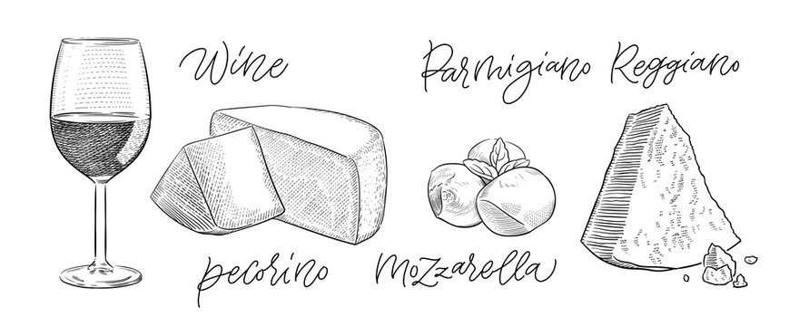 traditional Italian cheese pecorino, mozzarella, parmesan and a glass of red wine vintage engraving illustration with its name calligraphy on craft paper background
