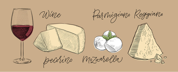traditional Italian cheese pecorino, mozzarella, parmesan and a glass of red wine vintage engraving illustration with its name calligraphy on craft paper background
