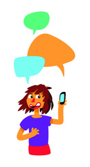 Girl with comic bubbles and phone. Vector. The girl is chatting. Illustration in the cartoon style. The illustration is isolated on a white background. Mascot. Character for the poster and site.