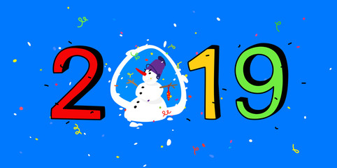 Christmas illustration. Snowman and the inscription 2019. Cartoon Character with a red carrot and a bucket on his head. Happy new year and christmas. Mascot. Illustration for banner and calendar.