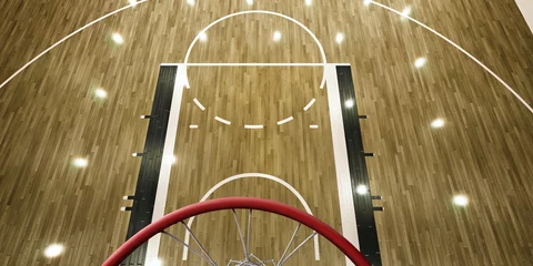 Fotobehang Professional basketball arena with basketball hoop in 3D. Top view through the basketball hoop © Alex