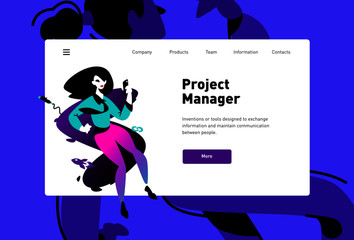 Template illustration of a web page for the landing. Vector illustration. Modern ideas, the development of mobile applications, sites. Project manager. Seo. Business modern style design layout.
