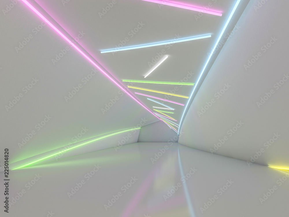 Poster background of an empty room with walls and neon light. neon rays and glow. 3d