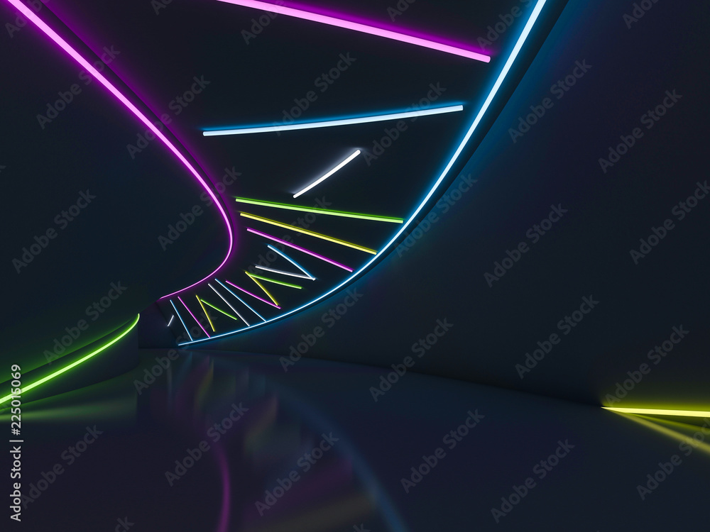 Poster background of an empty room with walls and neon light. neon rays and glow. 3d